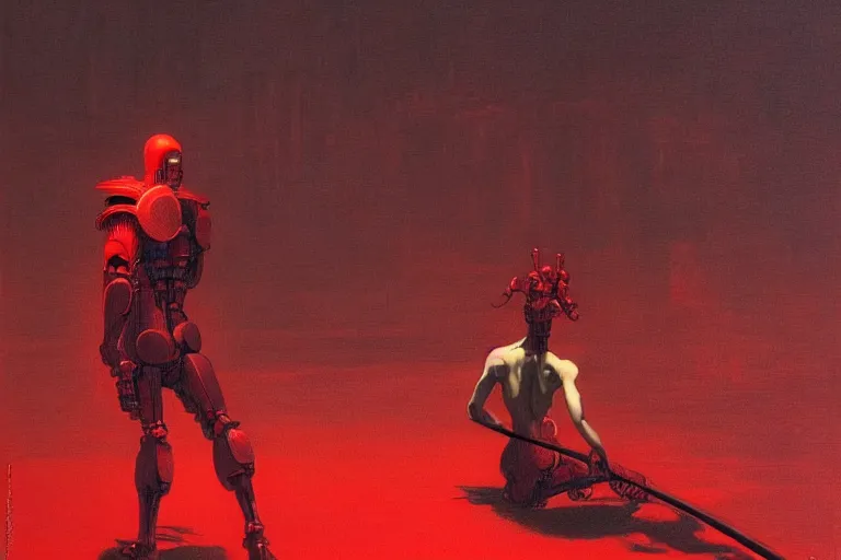 Image similar to only with red, a red cyborg samurai, tokio futuristic in background, some evil yokai, in the style of beksinski, parts by edward hopper, parts by rodcenko, parts by yue minjun, intricate and epic composition, red by caravaggio, insanely quality, highly detailed, masterpiece, red light, artstation, 4 k