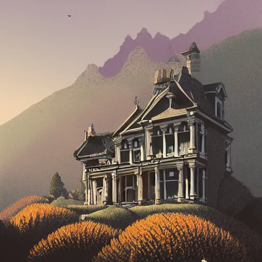 Image similar to illustration of an old victorian mansion, with beautiful mountain heather growing around it, large windows, greg rutkowski, mcbess