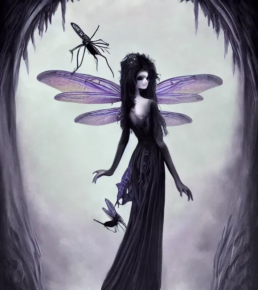 Image similar to gothic fairy with dragonfly wings, digital painting, liminal eerie midnight backlit, a picture taken by Michael Komarck