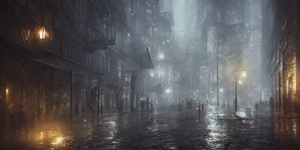 Image similar to a cold and melancholic city in a dark cavern, rainy and gloomy atmosphere, fantasy digital art, octane render, beautiful composition, trending on artstation, award - winning photograph, masterpiece