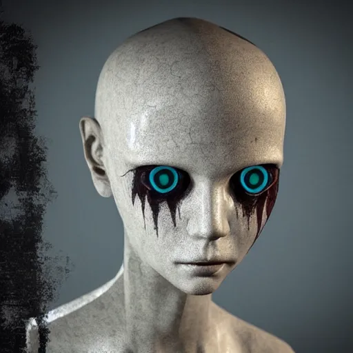 Image similar to A mannequin with white glowing eyes, sitting in a pitch black room, staring!!!!! into the camera, creepy atmosphere, eerie and grim art style, photorealistic facial features, close-up!!!!!!, trending on artstation, 4k, 8k