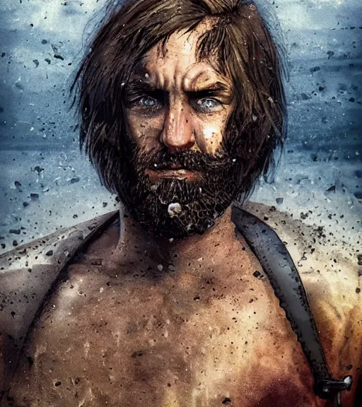 Image similar to portrait of muscular, tired and alcoholic 3 0 - year - old grieving man with short darkblonde hair, serious sad look in his eyes, looking down, dirty beard, blue eyes, crying tears, wearing dirty soldier uniform, on the desert, sad atmosphere, hyper realistic face, character art, art by mark brooks, cryengine, trending on artstation, digital art