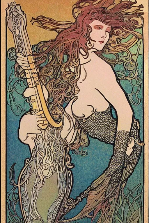 Prompt: illustration of a mermaid playing an electric guitar, Art Nouveau by Mucha