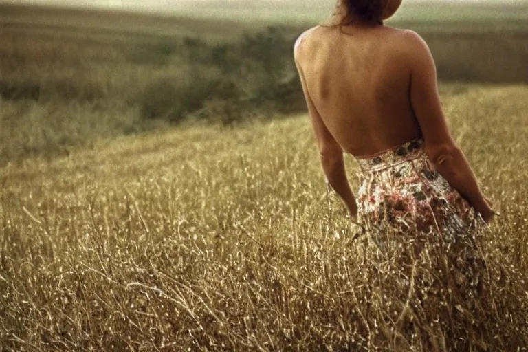 Image similar to a closeup of a woman's back in a countryside, Andrei Tarkovsky film style, photography, 1970s