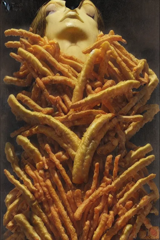 Prompt: a box of mcdonalds fries in the style of wayne barlowe, gustav moreau, goward, bussiere, roberto ferri, santiago caruso, luis ricardo falero, austin osman spare