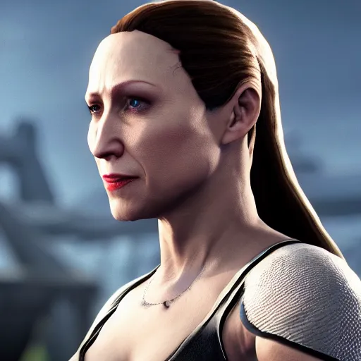 Prompt: Vera Farmiga in Mortal Kombat 11, ps5 cinematic screen capture, 4k