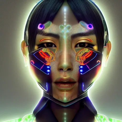 Image similar to centered symmetrical portrait of a persian cyberpunk cyborg japanese girl in kimono with glowing cybernetics, hyperdetailed, digital painting, trending on Artstation, cel-shading style, CG society, hyperdetailed, digital painting, hypermaximalist, golden ratio, volumetric, octane render, weta digital, micro details, 3d sculpture