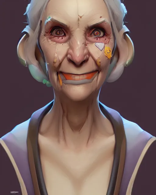 Prompt: overwatch concept art character portrait of a new character who is an elderly pale woman with a scarred face, trending on artstation, cgsociety,