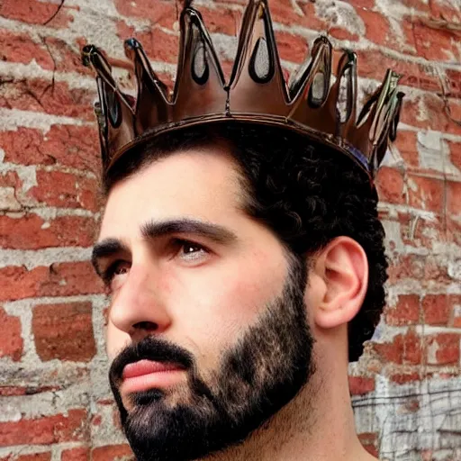 Prompt: french handsome man with curly short brown hair and a big nose and a brown goatee with a luxury crown