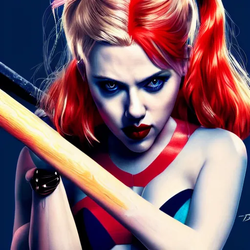 Image similar to Scarlett Johansson as Harley Quinn, holding bat, digital, artstation, cgsociety, 4k, high detail