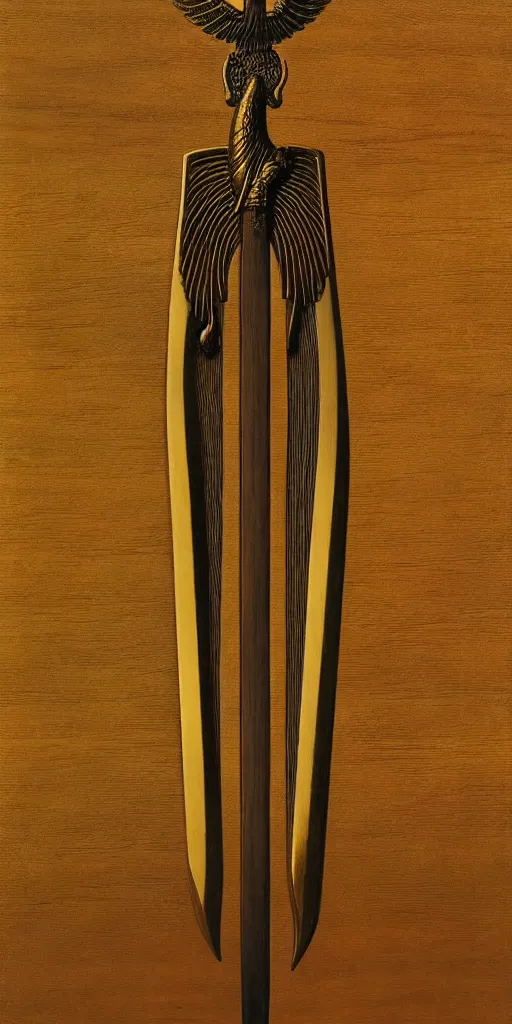Image similar to a sword in the style of zdzisław beksinski, elegant, gold and oak inlay, wing motif, holy, wooden handle, golden blad