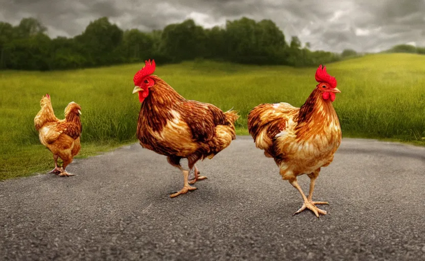 Prompt: artist depiction of the infamous chicken crossing a road, digital painting, masterpiece, gorgeous, beautiful, 4k wallpaper