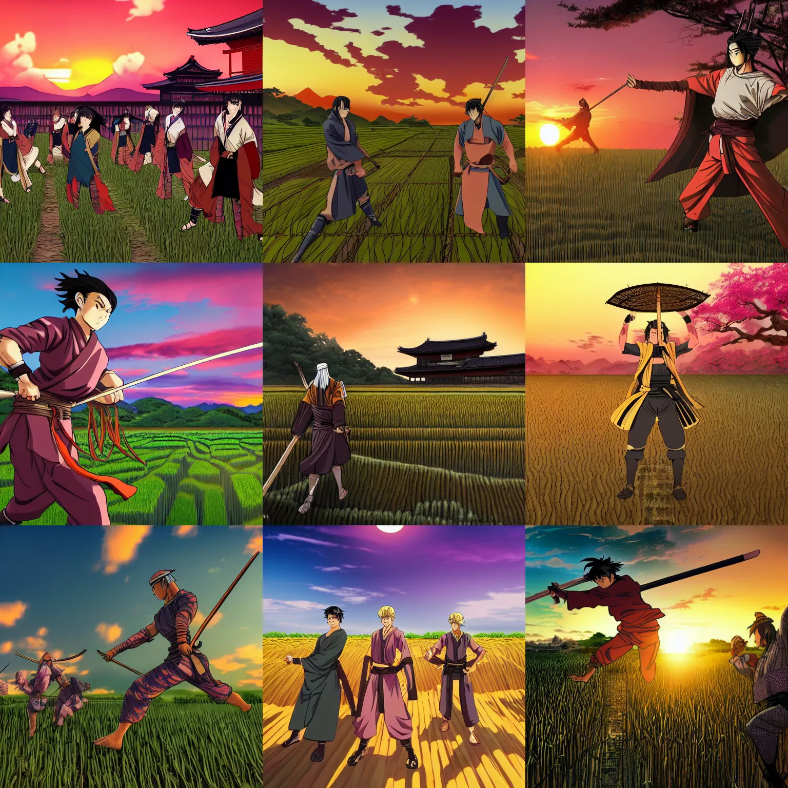 Prompt: render of seven ronins movie in medieval Japan walk through rice fields, fight battle, looking up, sunset, asian, in style of JoJo's Bizarre Adventure cartoon anime