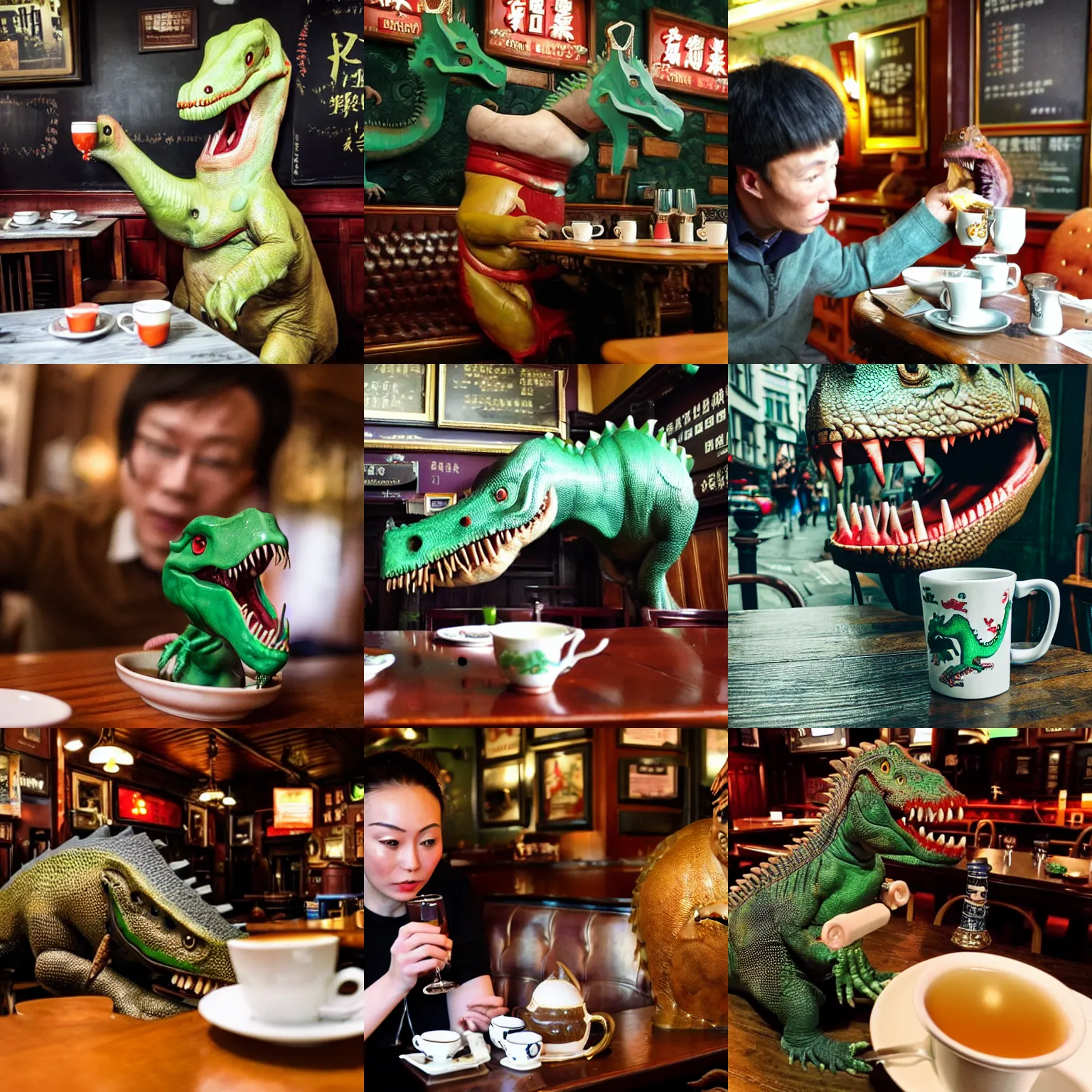 Prompt: Chinese dinosaur drinks English tea in an Irish pub