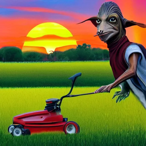 Prompt: jar jar binks riding a lawn mower in a field of multicolored grass with the sun setting in the background