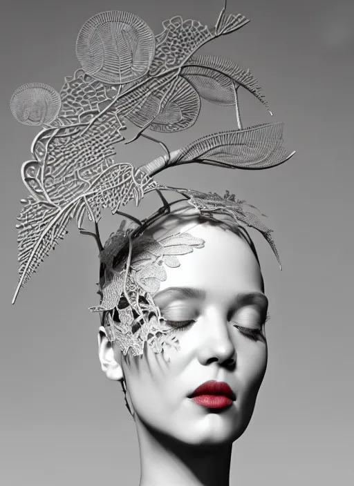 Prompt: complex 3d render ultra detailed of a beautiful porcelain profile woman face, mechanical vegetal cyborg, 150 mm, beautiful studio soft light, rim light, silver details, magnolia big filigran leaves and stems, roots, fine foliage lace, mesh wire, Alexander Mcqueen haute couture, intricate details, hyperrealistic, mandelbrot fractal, anatomical, red lips, silver metal armor, facial muscles, cable wires, microchip, elegant, white background, beautiful white teeth, octane render, H.R. Giger style, 8k