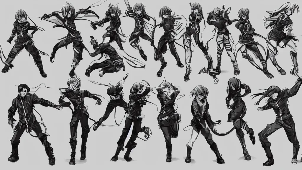 anime dynamic action poses sketch sheet, trending on