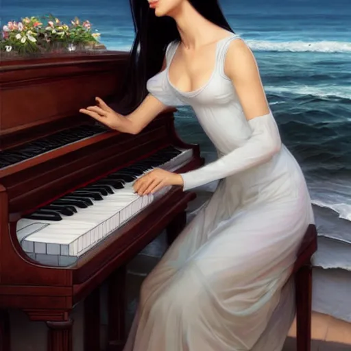 Image similar to A beautifull woman with long dark hair dressing a transparent white dress siting on a piano forte in the sea with Waves surrounding her, highly detailed, digital painting, artstation, concept art, sharp focus, illustration, art by artgerm and greg rutkowski and alphonse mucha