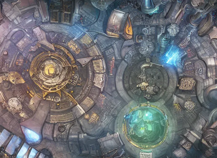 Image similar to wide establishing shot of a dungeons and dragons battle map, top view of the metallic inside of a particle accelerator, dynamic composition, dramatic lighting, trending on artstation, digital art, stylized painting