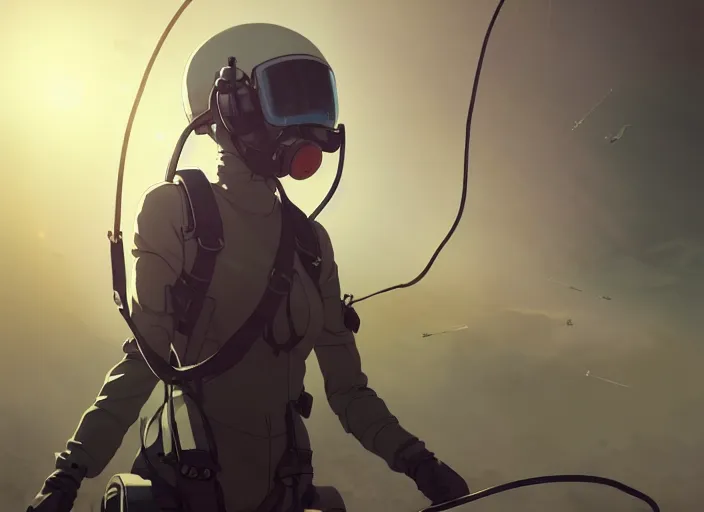 Prompt: portrait of pilot girl parachuting behind enemy lines, black sky background, chaotic landscape, illustration concept art anime key visual trending pixiv fanbox by wlop and greg rutkowski and makoto shinkai and studio ghibli and kyoto animation, kaki body suit, wires and chords, oxygen mask, military gear, grimdark, volumetric lighting