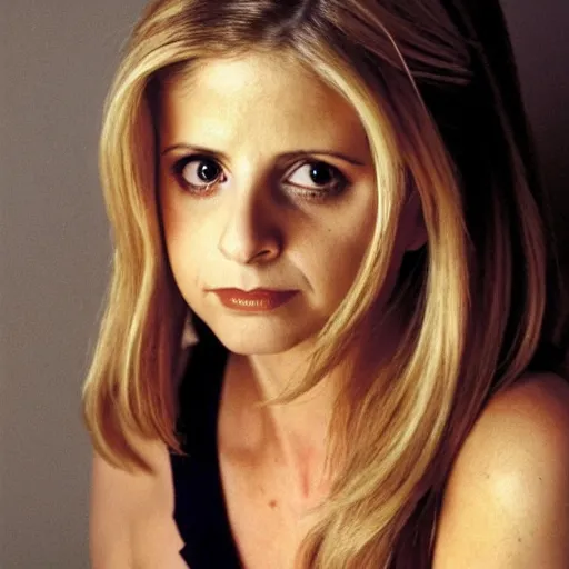 Image similar to sarah michelle gellar, buffy the vampire slayer, beautiful natural light, blue hour, by annie leibowitz