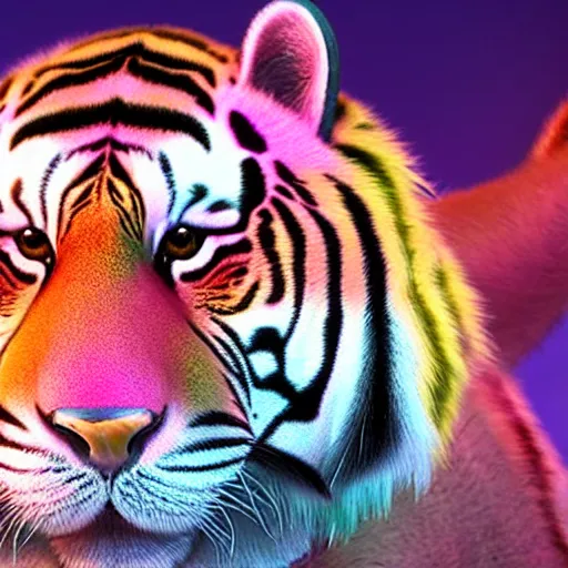 Prompt: a caspian tiger with fur of the color pink and yellow with ombre effect, detailed fur hair, unreal engine 5