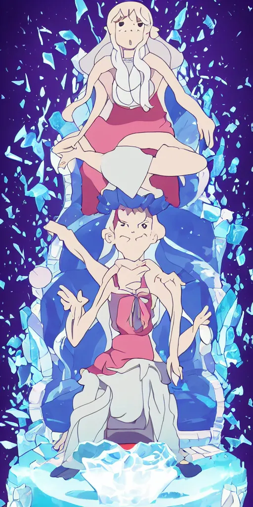 Prompt: a spiritual guru sitting on a throne of ice drawn by studio trigger, in the style of Little Witch Academia, spiritual enlightenment, tradition, conformity, morality, ethics