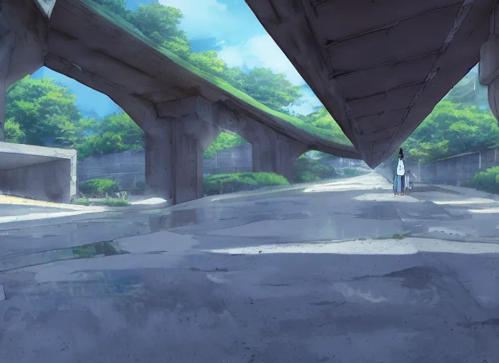 Image similar to perspective piece under a bridge, anime scenery by Makoto Shinkai