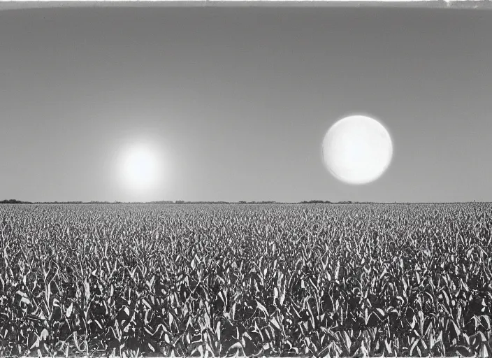 Image similar to Flying saucer landing in corn field with two moons in the sky, albumen silver print film grain photography 8mm by Timothy H. O'Sullivan