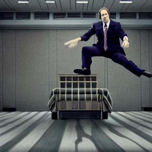 Image similar to saul goodman doing a kickflip across the judge's desk, movie film still, hq, hdr