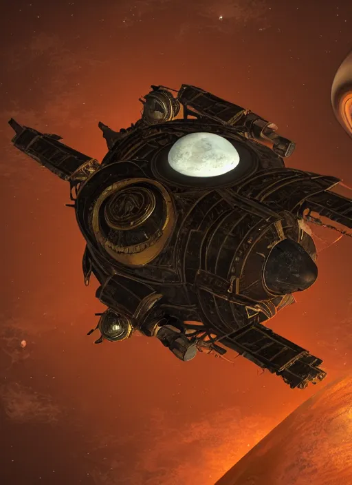 Prompt: ancient starship in orbit of saturn, steampunk, steam, dark gothic, unreal engine