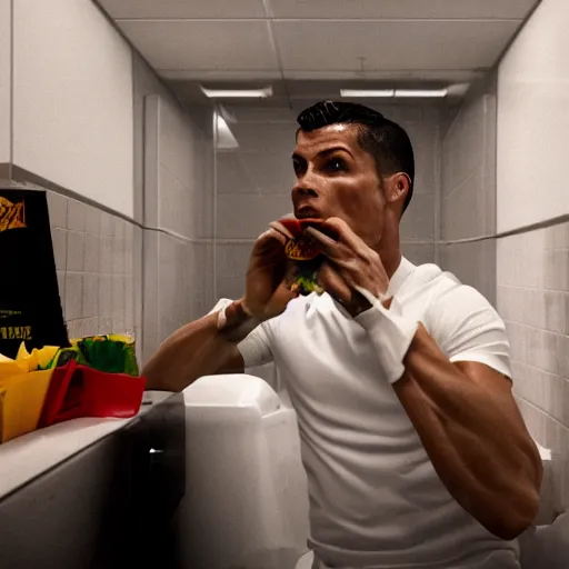 Prompt: cristiano ronaldo eating from doritos in the toilet, cinematic composition, 4 k, movie still