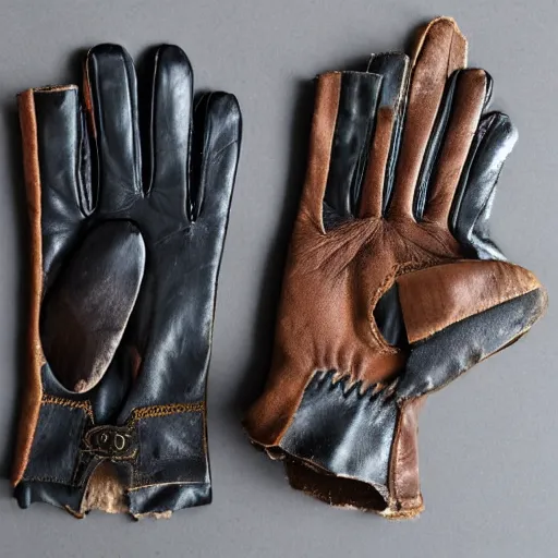 Image similar to equipment cutout, gloves, damaged and tattered, deteriorated fine leather gloves