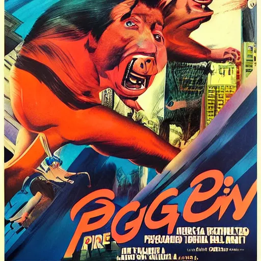 Prompt: photorealistic picture, movie poster by bob peak and alex ross about pig man save the city, fine details, hyper detailed, intricate, hyper facial proportionate, hyper body proportionate, smooth sharp focus