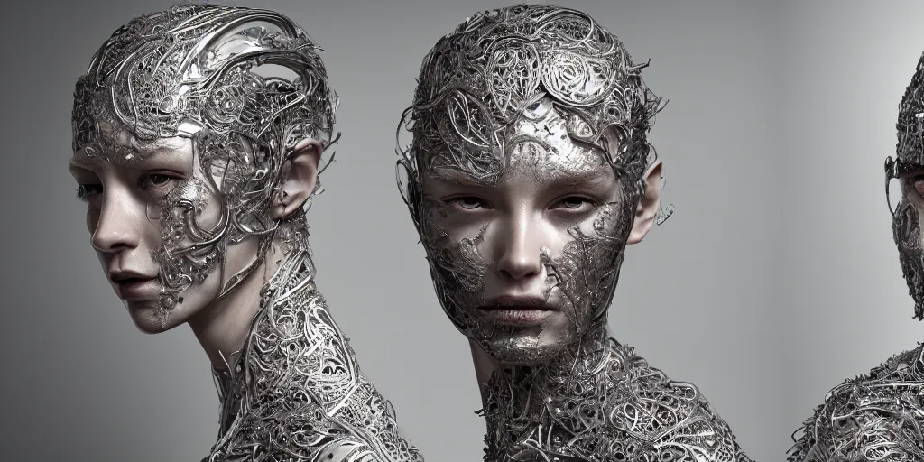 Image similar to hyper realistic photography of a stunningly beautiful cyborg male and woman, intimate, intricate filigree, in the style of beth cavener, jin kagetsu, and wlop, highly detailed, chrome face symmetry, masterpiece, award winning, sharp focus, concept art, high key, ambient lighting, 8 k, octane render,