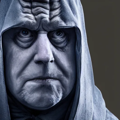 Image similar to A photo of ((Boris Johnson)) as Emperor Palpatine, hooded, ashy, cinematic lighting, f 2.5