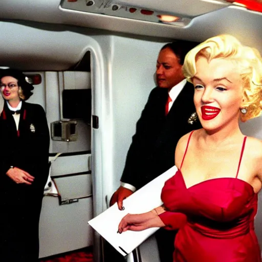 Image similar to a 35mm film camera photography of marilyn monroe as a flight attendent in 1998