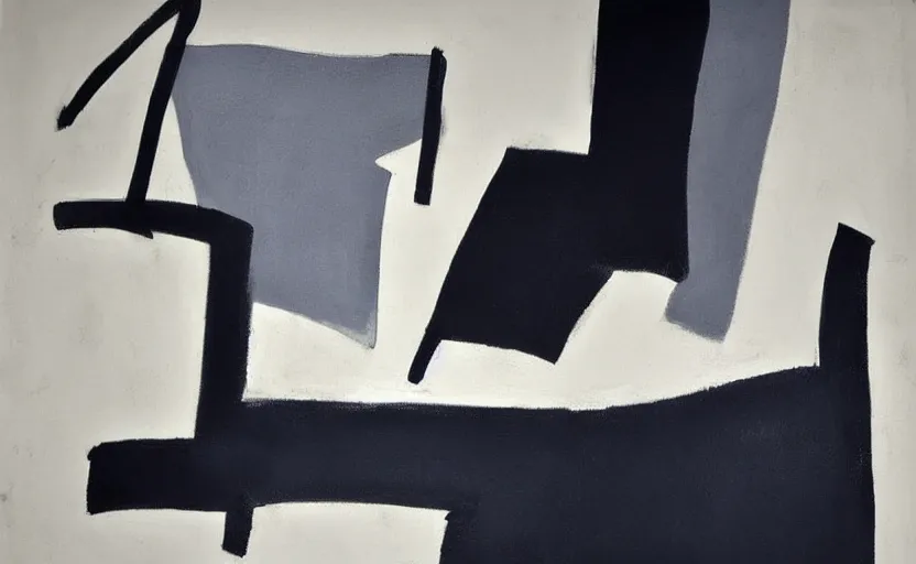 Image similar to minimal in the style of ivon hitchins. still life on a table. black, white, navy. studio lighting. drawing on painting, brush marks. expressive abstraction.. in the style of john craxton