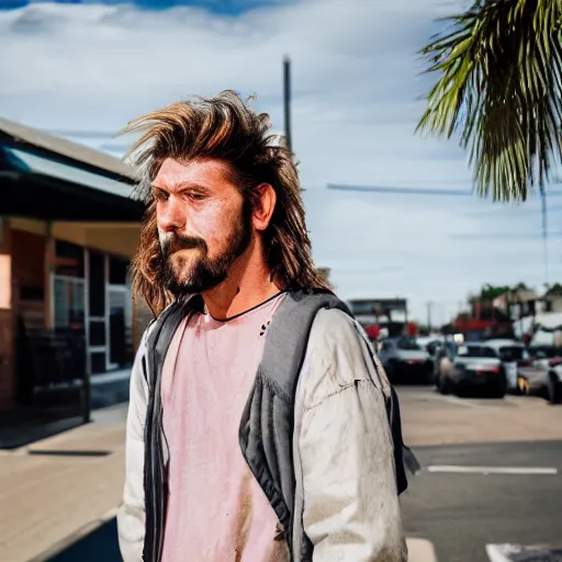 Image similar to A bogan with a mullet haircut waiting for the bus, Canon EOS R3, f/1.4, ISO 200, 1/160s, 8K, RAW, unedited, symmetrical balance, in-frame