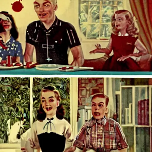 Image similar to Satanic States of America, alternate history, 1950s family, goth family, suburbia, Stepford home, occult symbols, sitcom screenshot