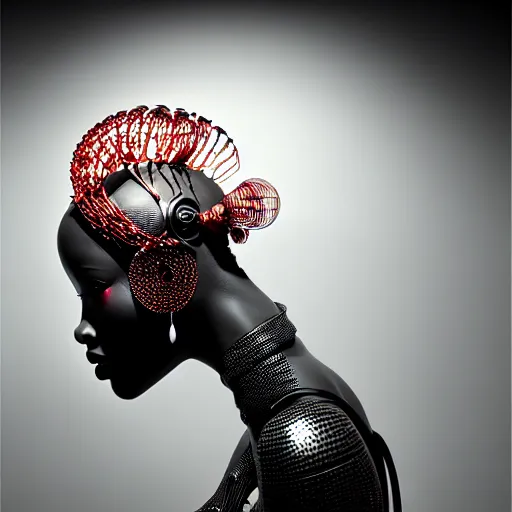 Image similar to portrait of an absurdly beautiful, graceful, sophisticated, fashionable black cyberpunk mechanoid gravure idol, hyperdetailed illustration by irakli nadar, adut akech, matt wisniewski style, intricate linework, dark black porcelain skin, jellyfish headdress, unreal engine 5 highly rendered, global illumination, red light, detailed and intricate environment