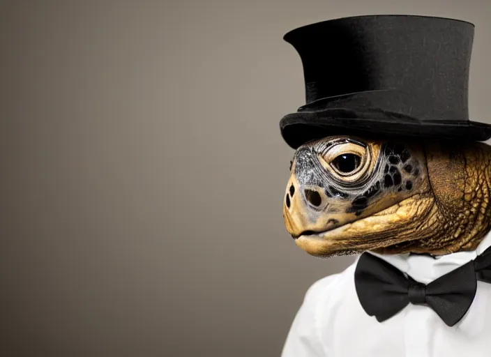 Image similar to photo still of a tortoise wearing a top hat and bowtie, 8 k, studio lighting bright ambient lighting key light, 8 5 mm f 1. 8