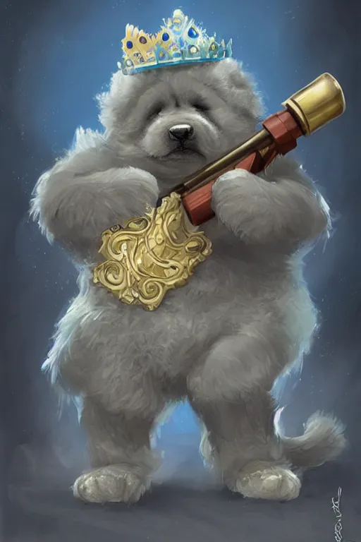 Image similar to cute anthropomorphic blue tong chow chow knight wearing a cape and a crown and holding a sniper, tiny, small, miniature chow chow, baby animal, short, pale blue armor, cute and adorable, pretty, beautiful, DnD character art portrait, matte fantasy painting, DeviantArt Artstation, by Jason Felix by Steve Argyle by Tyler Jacobson by Peter Mohrbacher, cinematic lighting