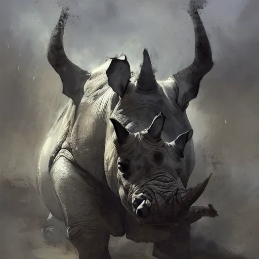 Image similar to portrait of a rhinoceros as a mighty warrior wearing silver armor, holding sword, by craig mullins, jeremy mann, jeremy mann.