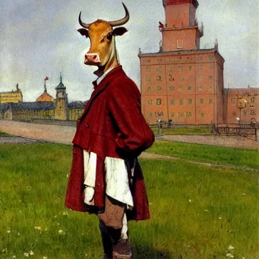 Prompt: painting by zorn, carl larsson, cow, dressed, anthropomorphic!!, wearing!!! clothes!!!, standing next to royal castle!!!