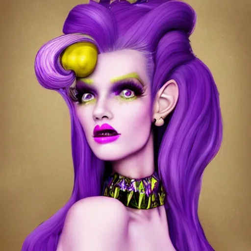 Prompt: Glam hair, rococo, 80s hair, Elf girl with purple skin, alien skin, purple elf, purple, purple-skinned elf, yellow hair, hairspray, big hair, wild hair, glam make-up, 80s, illustration, fantasy art, trending on ArtStation, 1980s fantasy art