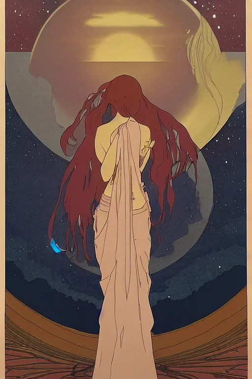 Prompt: A mystic woman peers over the horizon to find the sun setting over another planet and a fine mist of mana obscuring her vision by studio ghibli and mucha