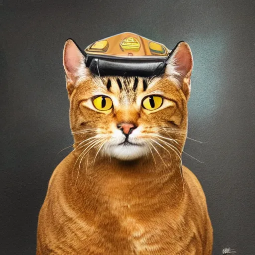 Prompt: portrait of a buff cat with an army helmet