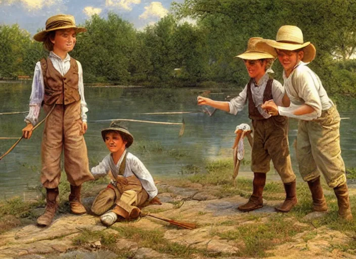 Prompt: tom sawyer and huckleberry finn in a small missouri town in 1 8 7 6, art by bob byerley, oil on canvas