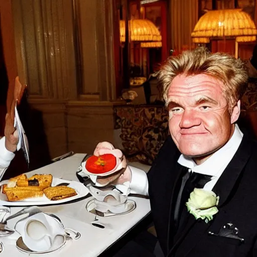 Image similar to Freddie Starr eating a loafer at a table in Claridges fine dining restaurant. Gordon Ramsey watches with a look of childish glee